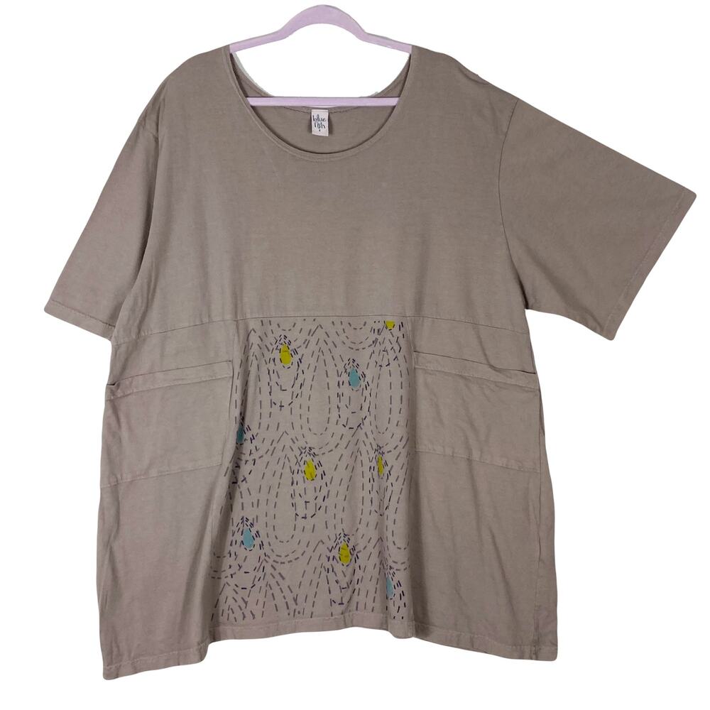 NWOT BLUE FISH Top Tunic Dress 3~L~XL Gray Graphic-Art Organic-Cotton Hand-Print